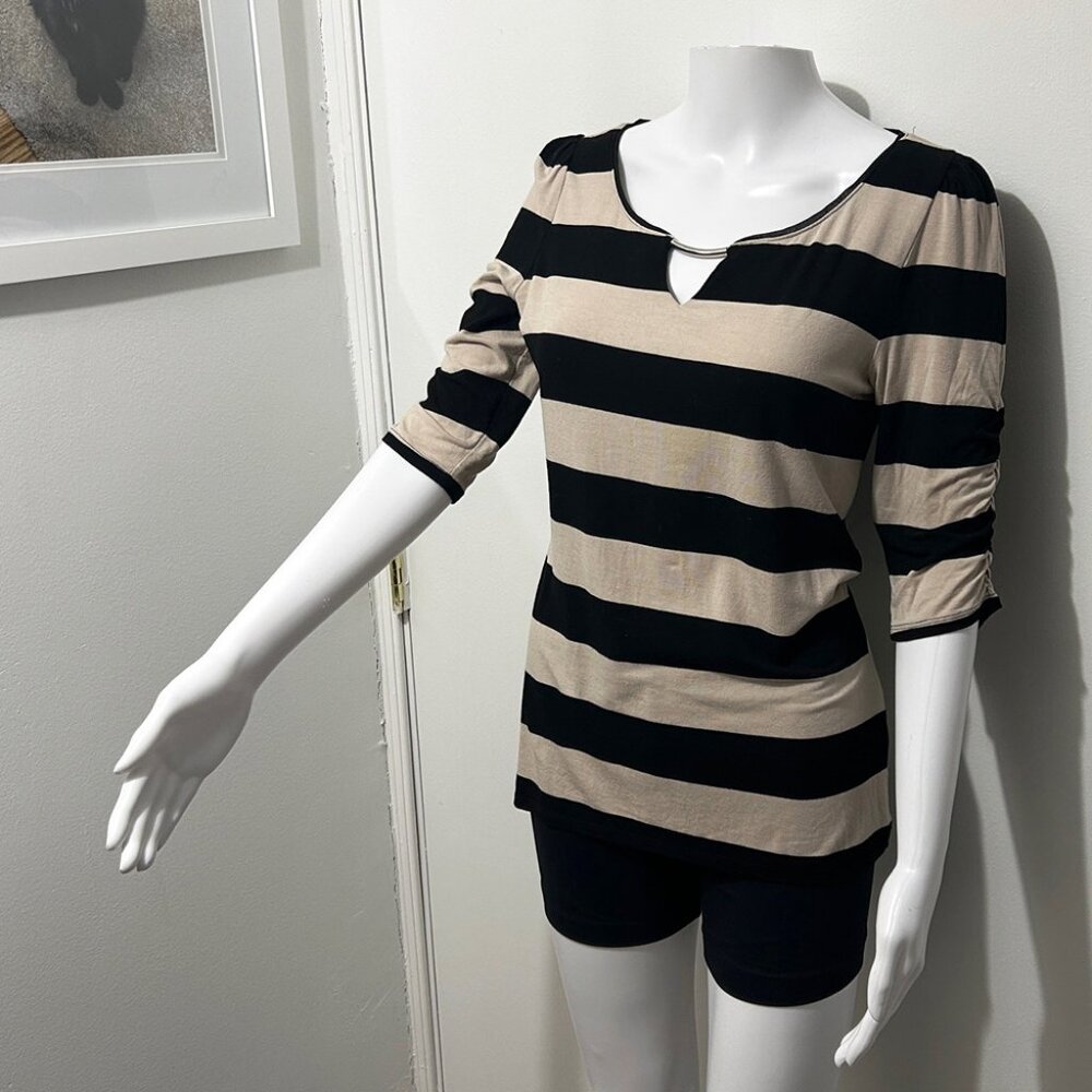 White House Black Market Striped Top, Black & Tan, Scoop Neck, 3/4 Sleeve S